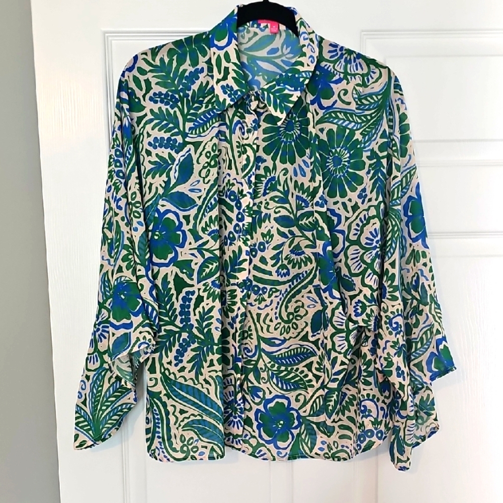 Flying Tomato Green and Blue Leaf Print Blouse